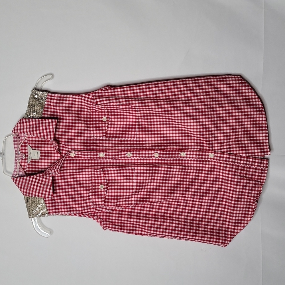 Ariat western gingham checkered plaid red white button down sequins top sz S
